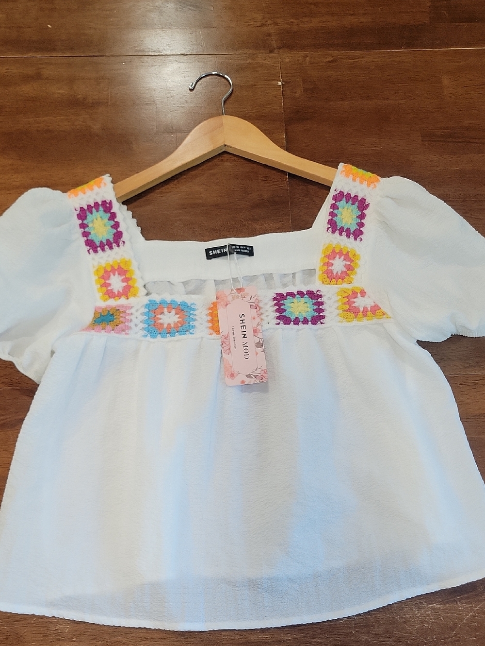 NWT Shein Crochet Trim Ruffled White Peasant Top Size XS